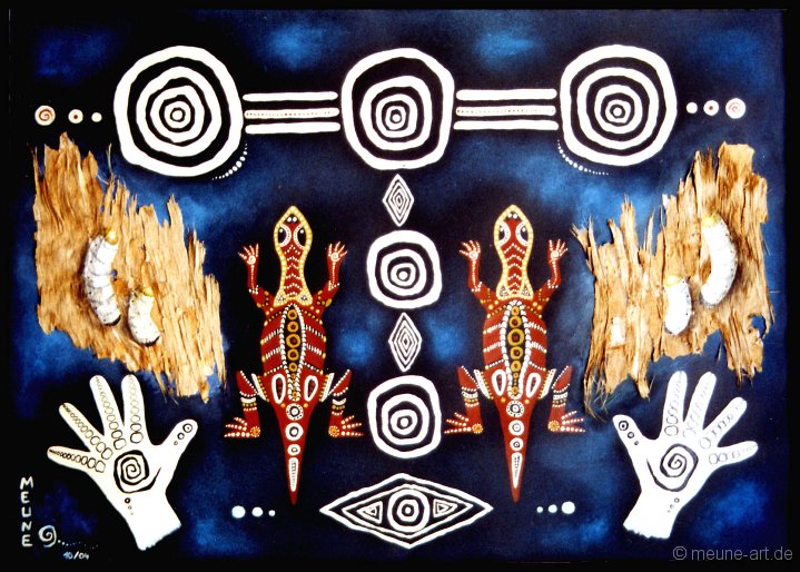 07 Traditionelle Symbolik neu inszeniert Paintingstones, Pastell, Acryl und Paperbark auf Papier;
70 x 50 cm